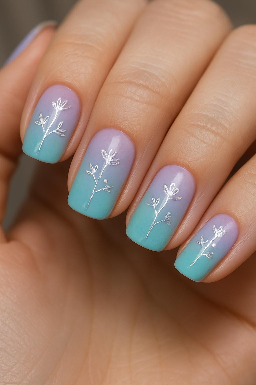Pastel ombre nails with silver botanical designs