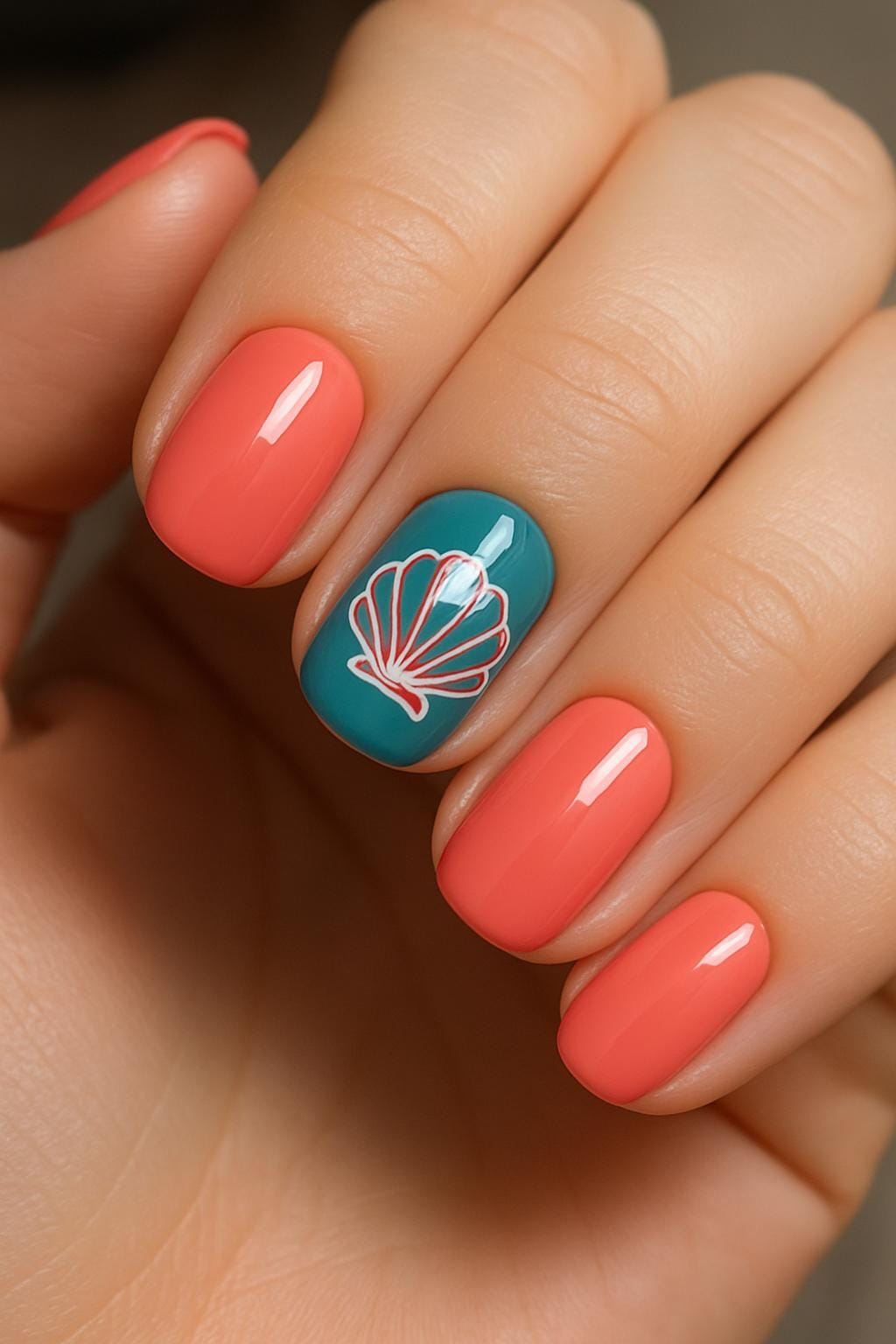 Coral nails with accent teal nail and white seashell art