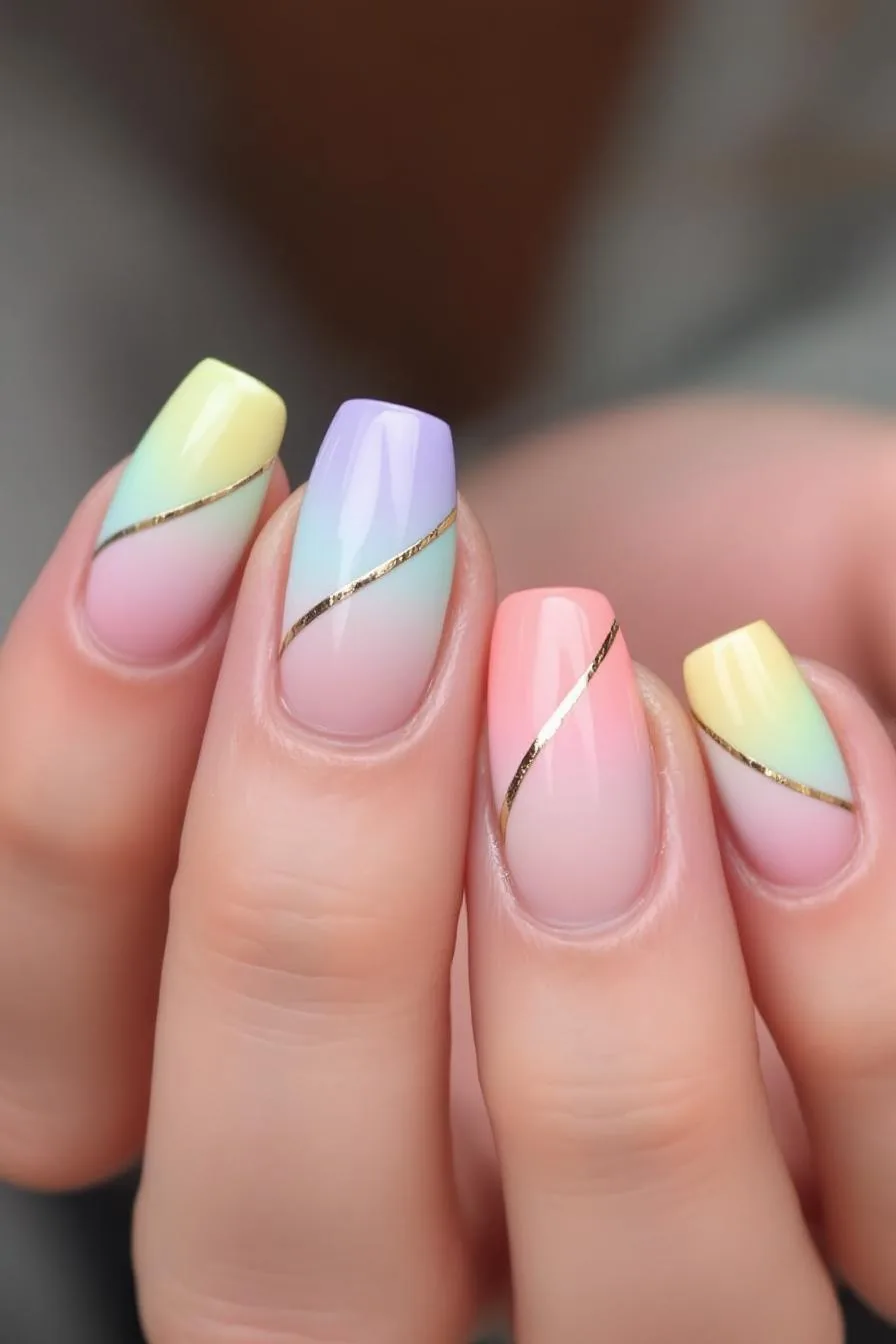 Pastel ombre nails with gold diagonal stripe accents