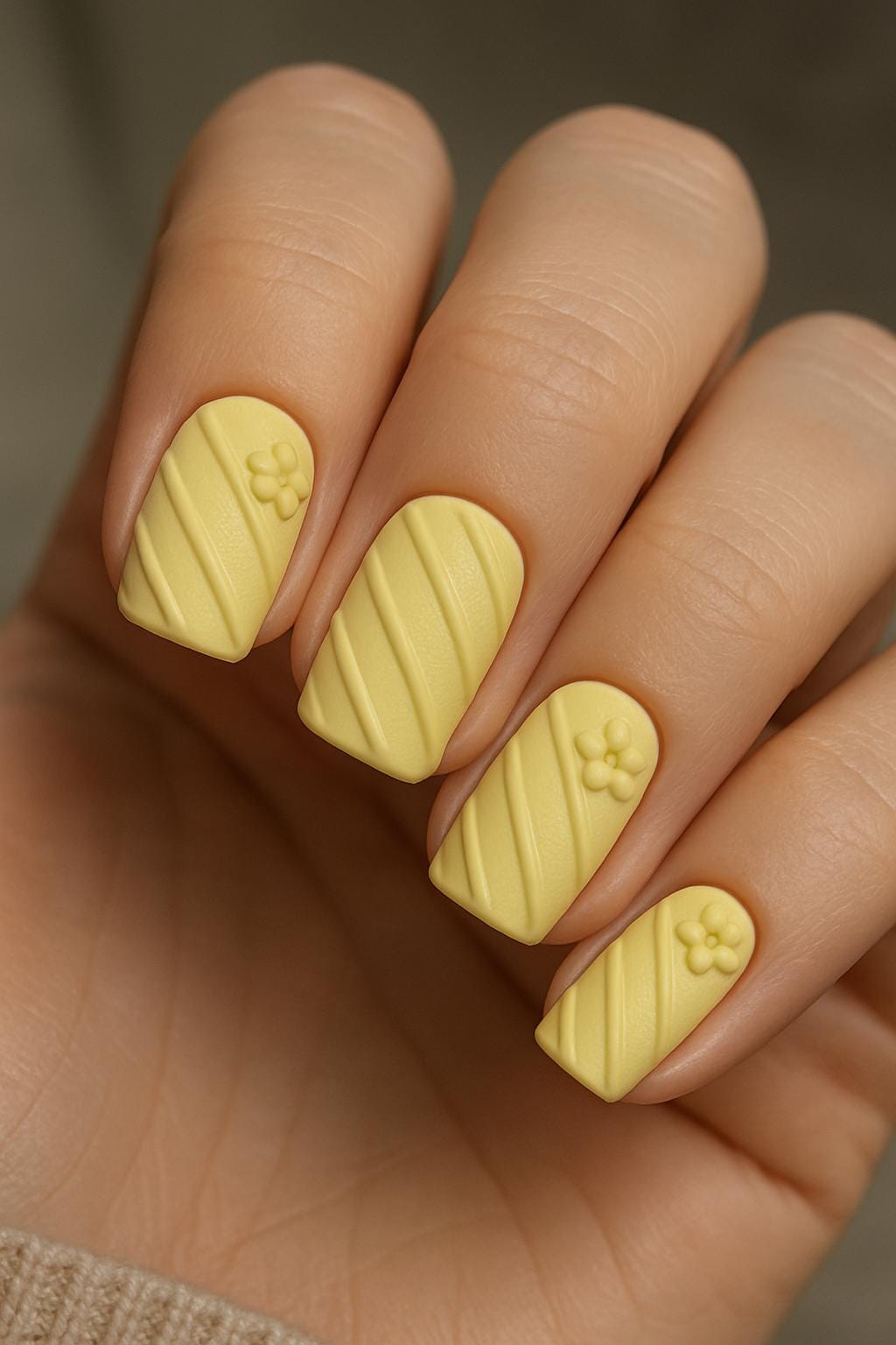 Matte yellow nails with raised diagonal lines and tiny 3D flowers