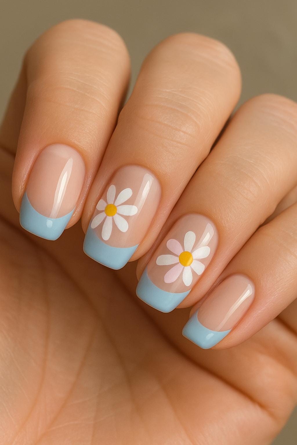 Light blue French tips and daisy flowers on nude nails