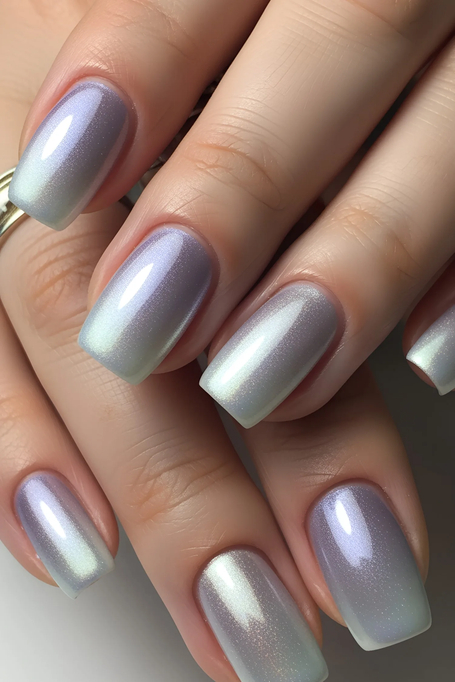 Holographic lavender and silvery ombre chrome manicure