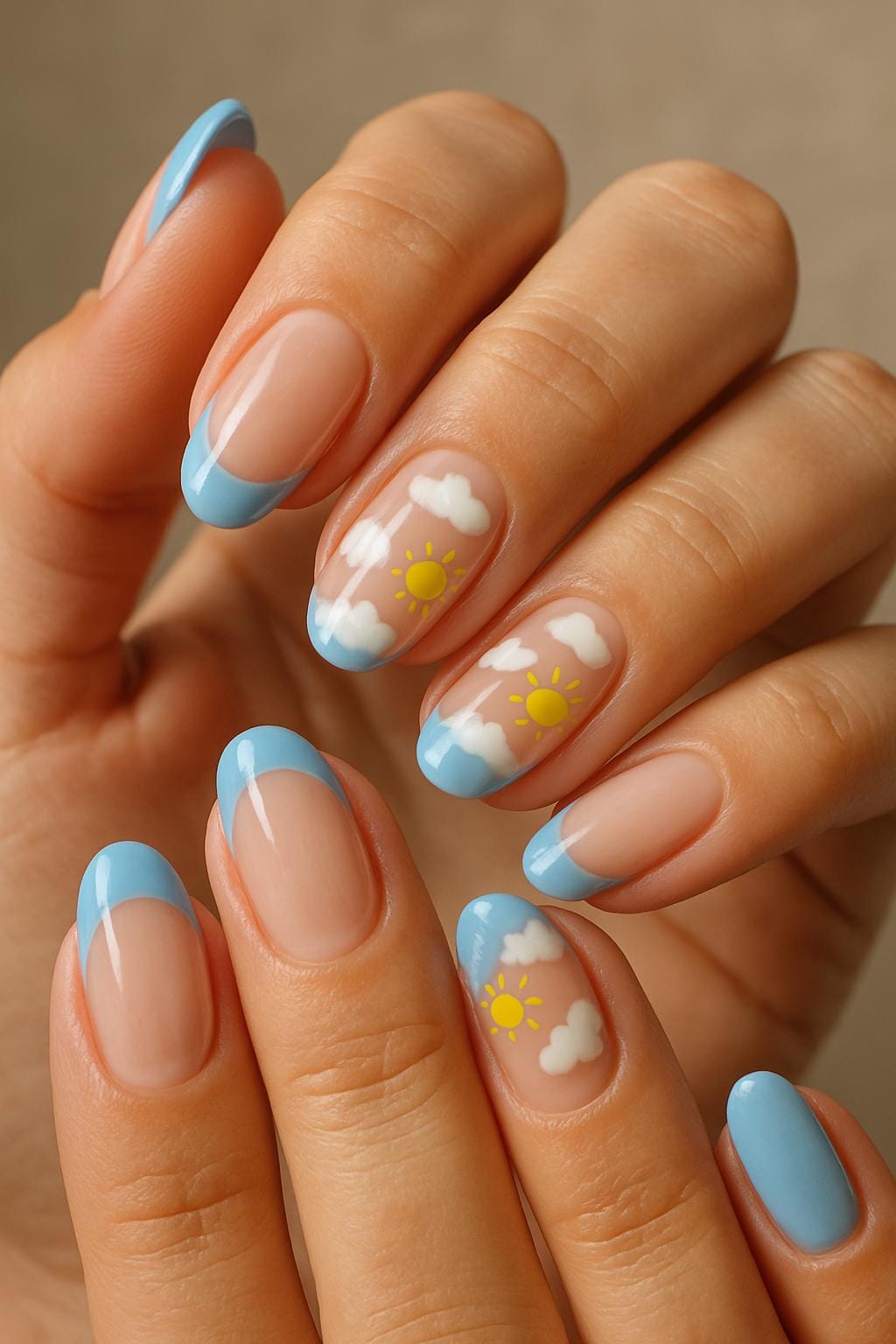 Blue French tip nails with sun and cloud art