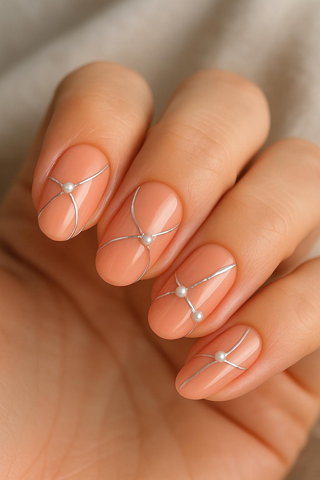 Peach nails with silver lines and pearl accents