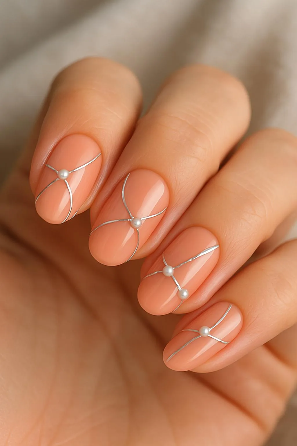 Peach nails with silver lines and pearl accents