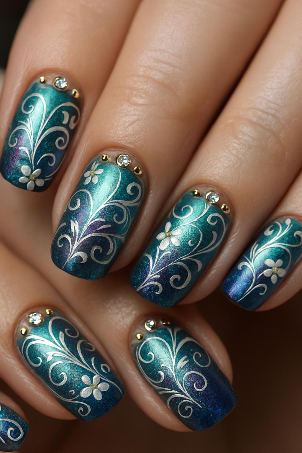 Teal shimmer nails with floral scrollwork and tiny crystal accents