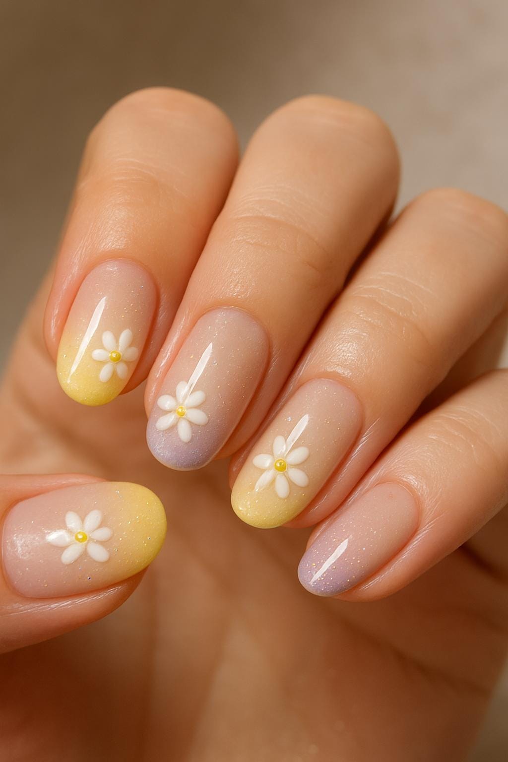 Pale yellow and lavender ombré daisy nail art