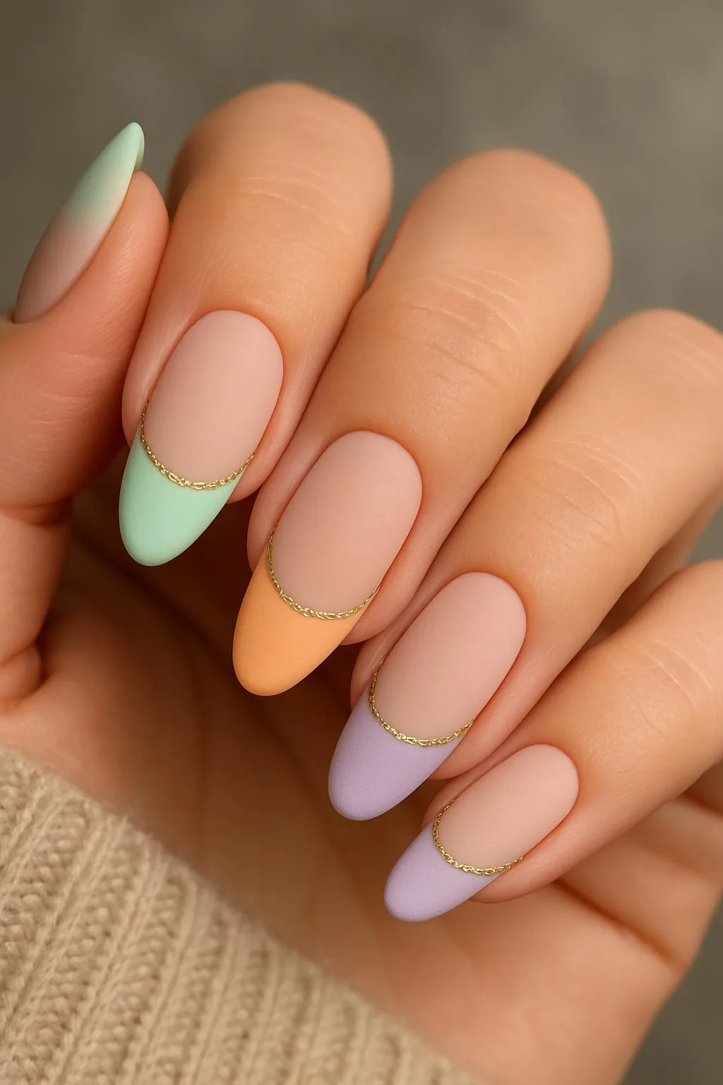 Pastel french tips with gold accent lines