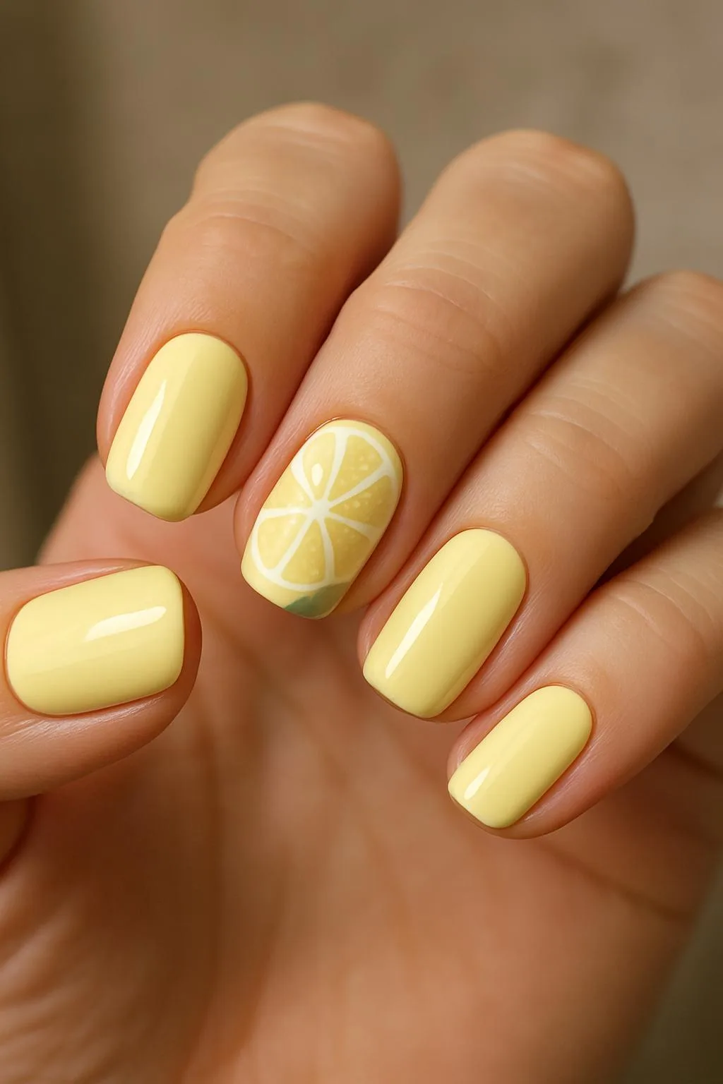 Yellow nails with lemon slice accent design