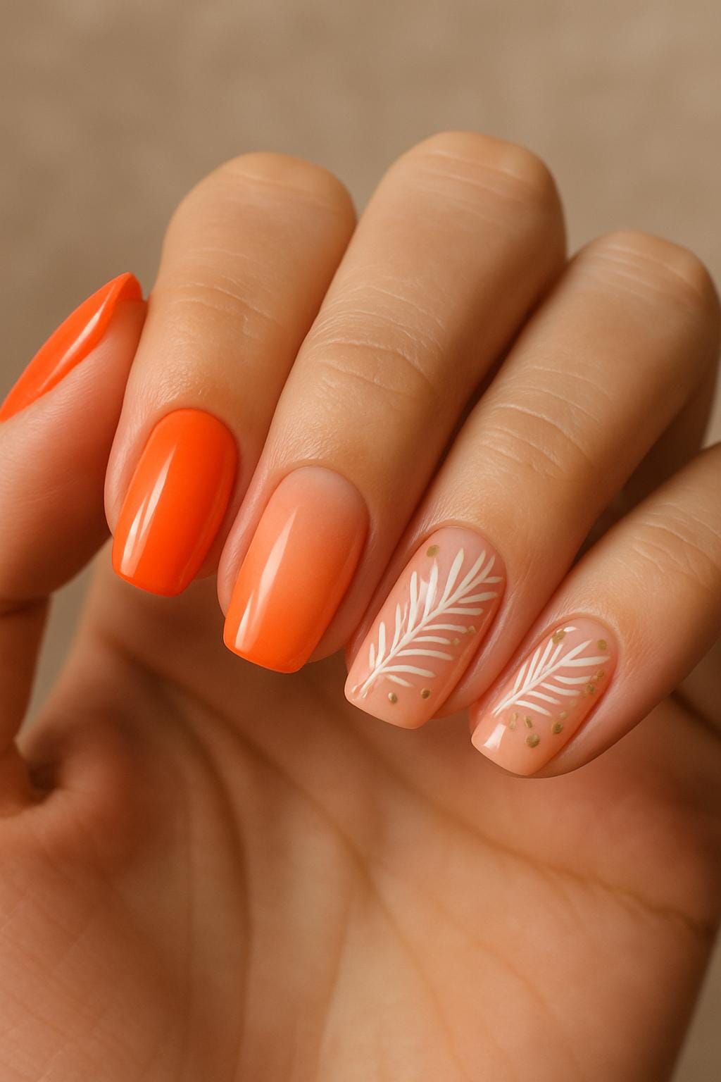 Orange ombre nails with white palm leaf accent designs