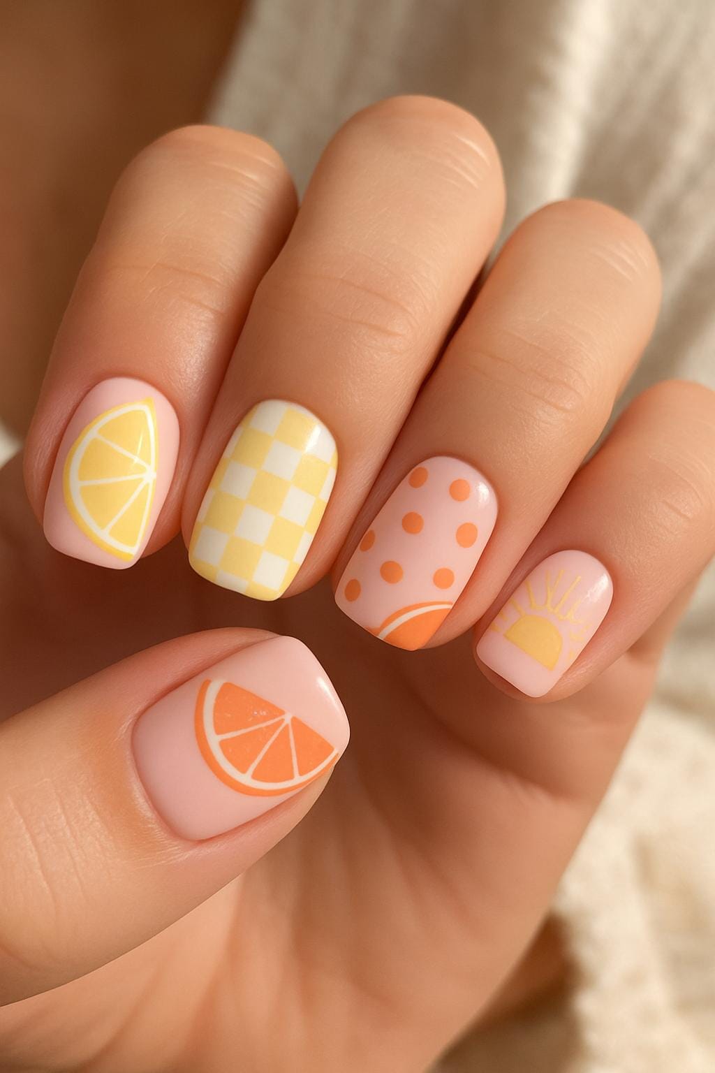 Bright summer nails with citrus slices, checks, dots, and a yellow sunrise