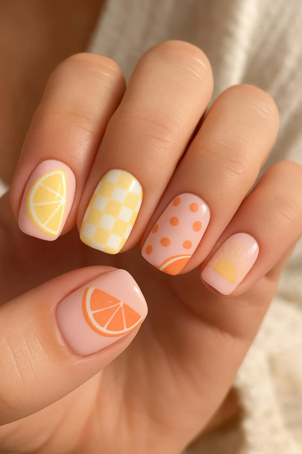 Bright summer nails with citrus slices, checks, dots, and a yellow sunrise