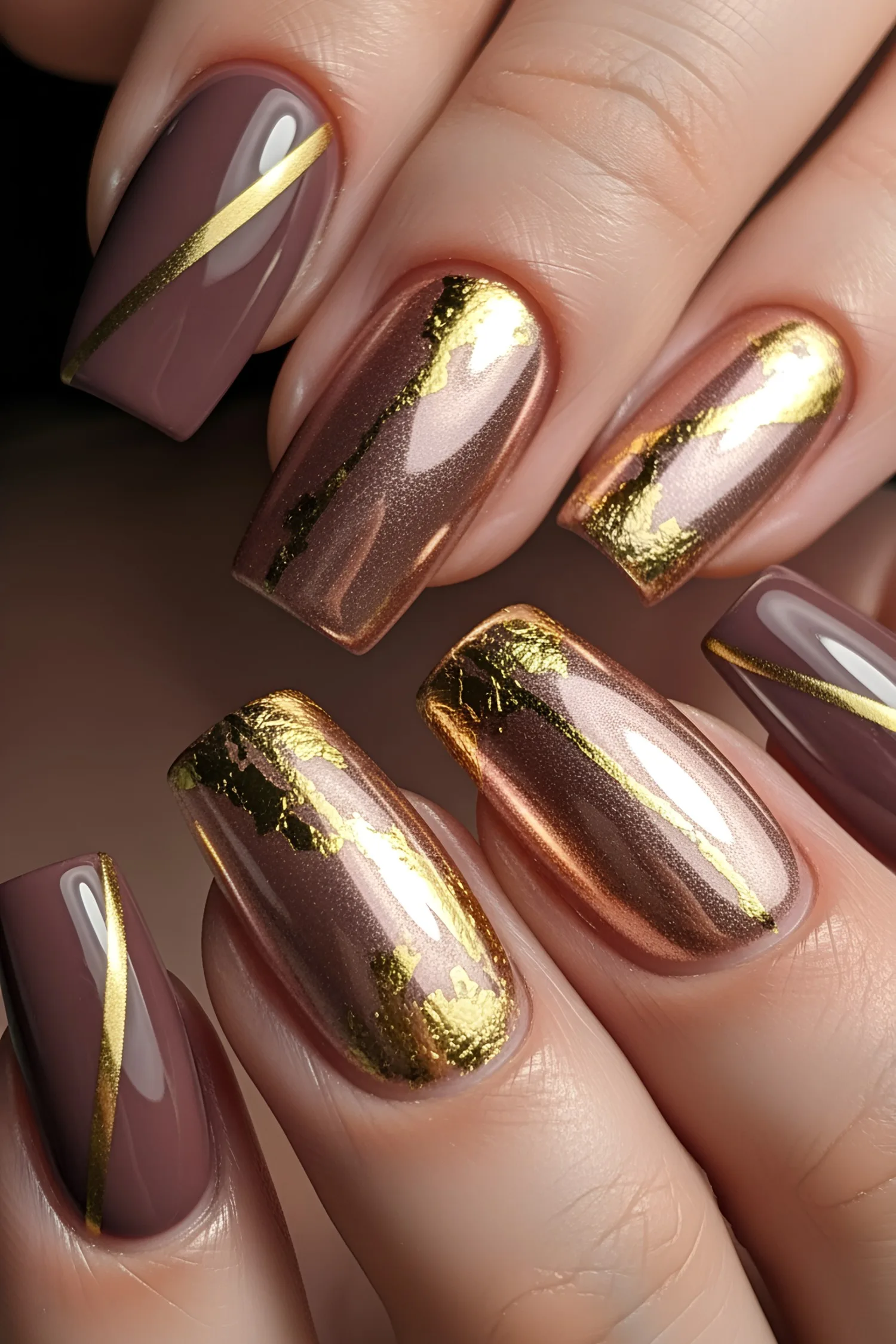 Brown chrome sunset nails with gold foil accents