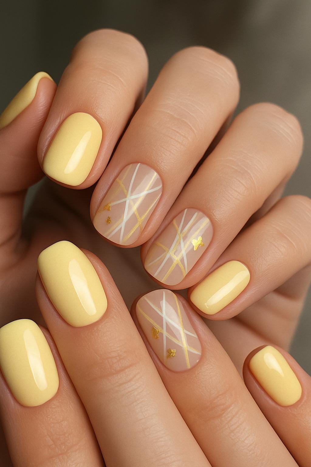 Glossy butter yellow polish and lattice accent nails with gold foil
