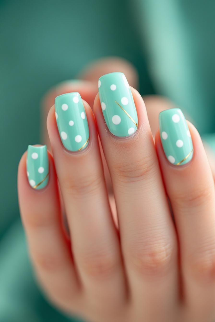 Mint green nails with white dots and thin gold stripes
