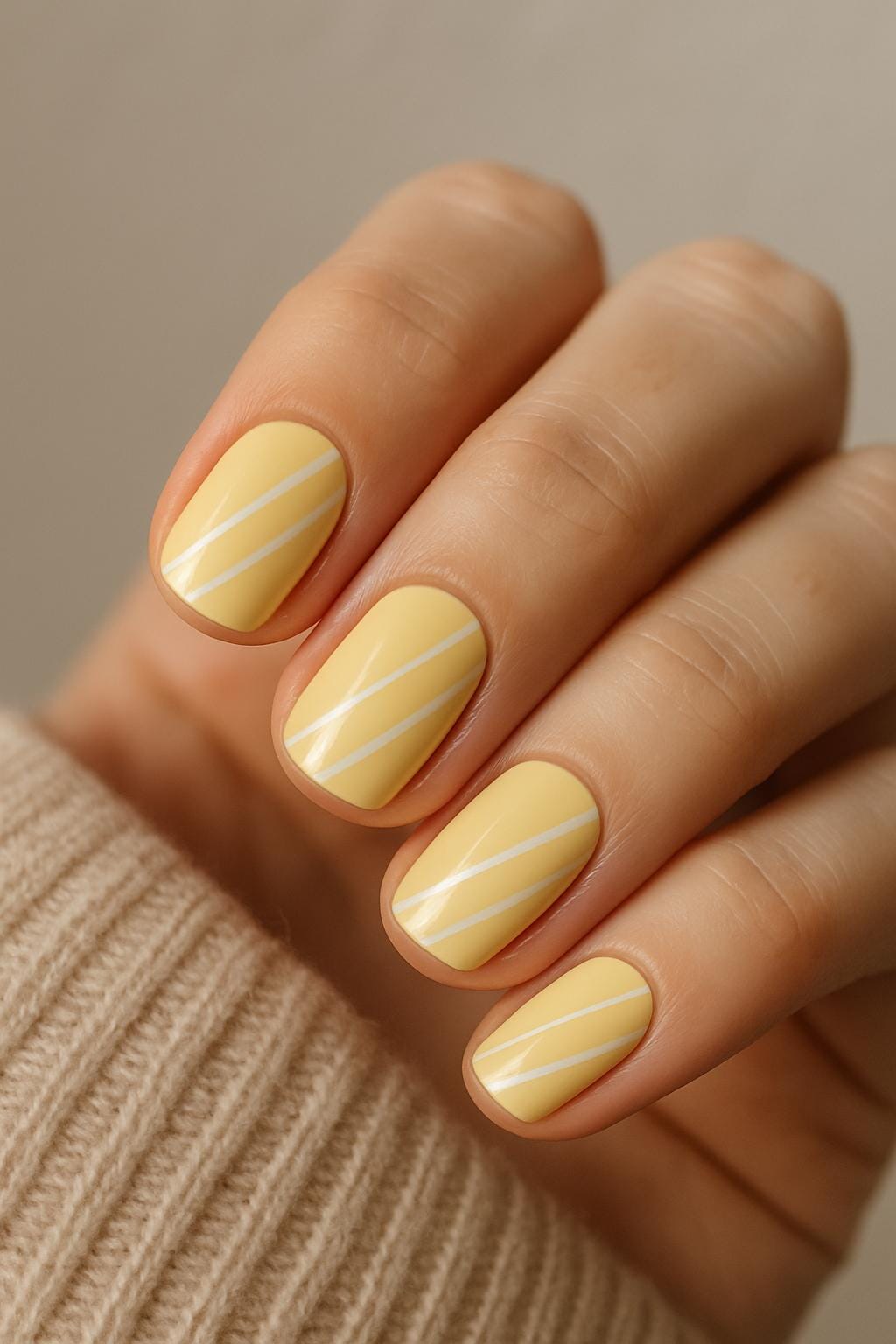 Short butter-yellow nails with thin white diagonal lines