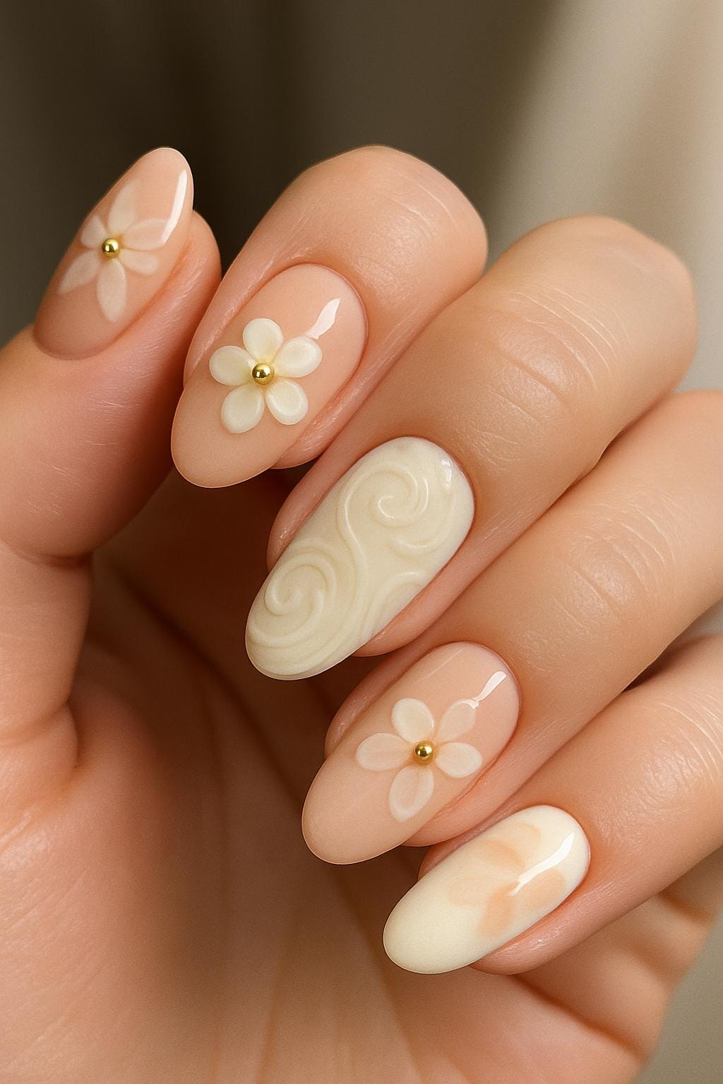 Almond nails with creamy florals and a swirled ivory accent