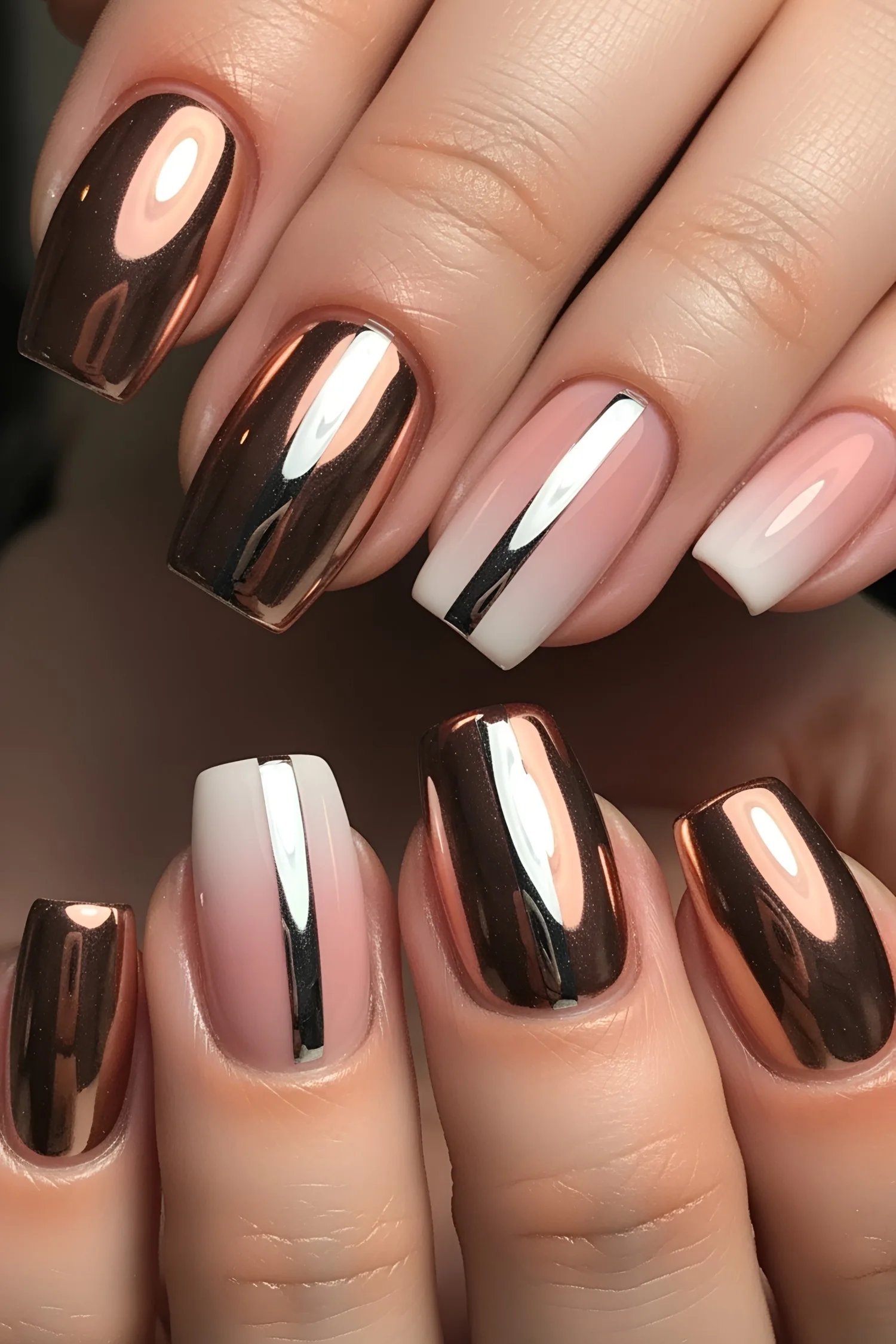 Rose gold chrome nails with a vertical metallic stripe down center