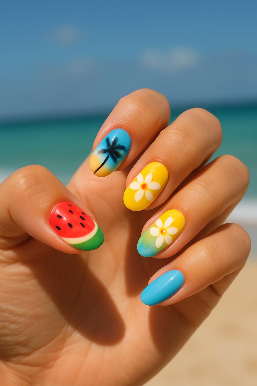 Hand with playful summer-themed nail art, including watermelon, daisies, palm tree, and blue gradients