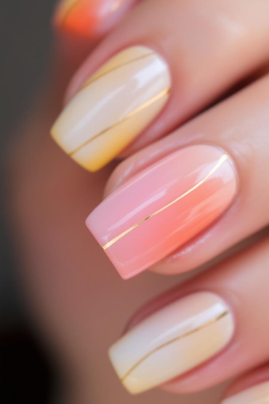 Subtle ombre nails with thin gold stripes
