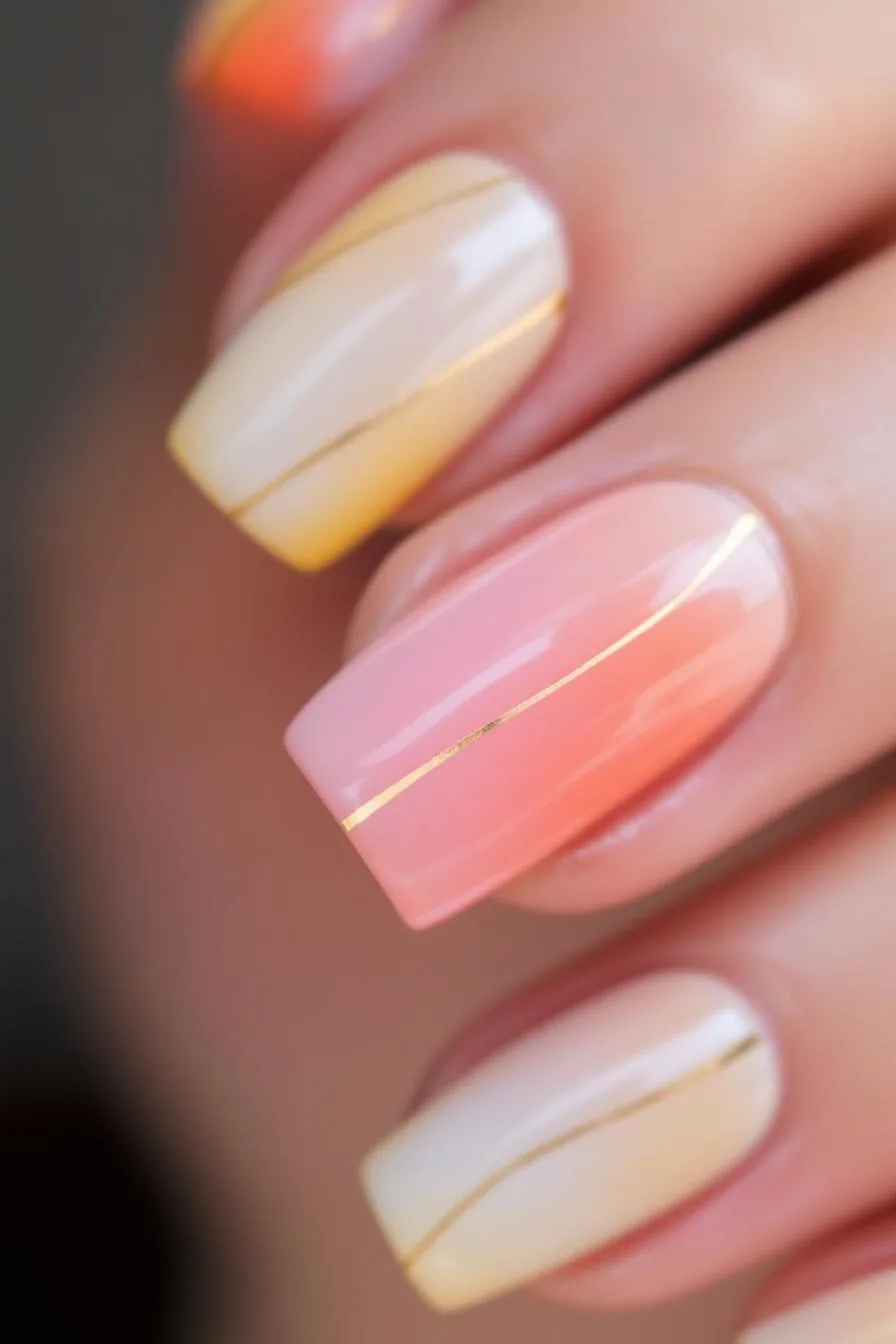 Subtle ombre nails with thin gold stripes