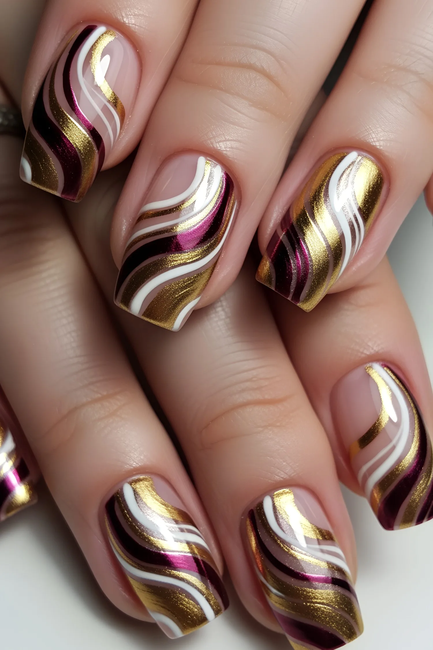 Burgundy and gold chrome nails with wavy abstract patterns