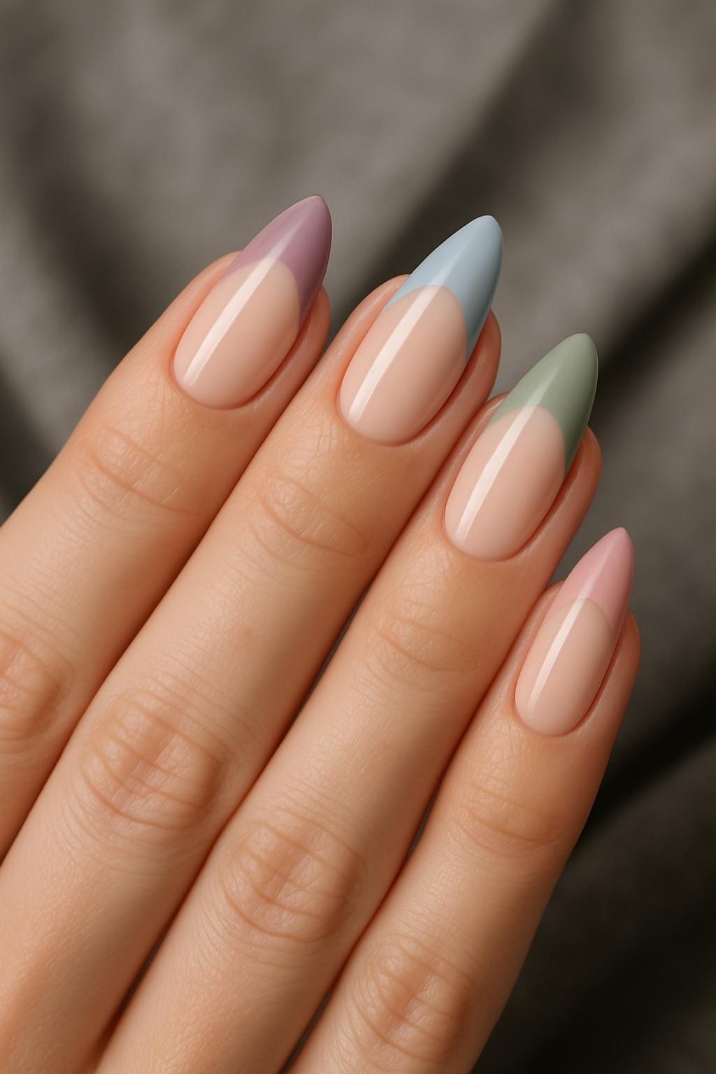 Almond nails with pastel French tips in muted purple, blue, green, and pink