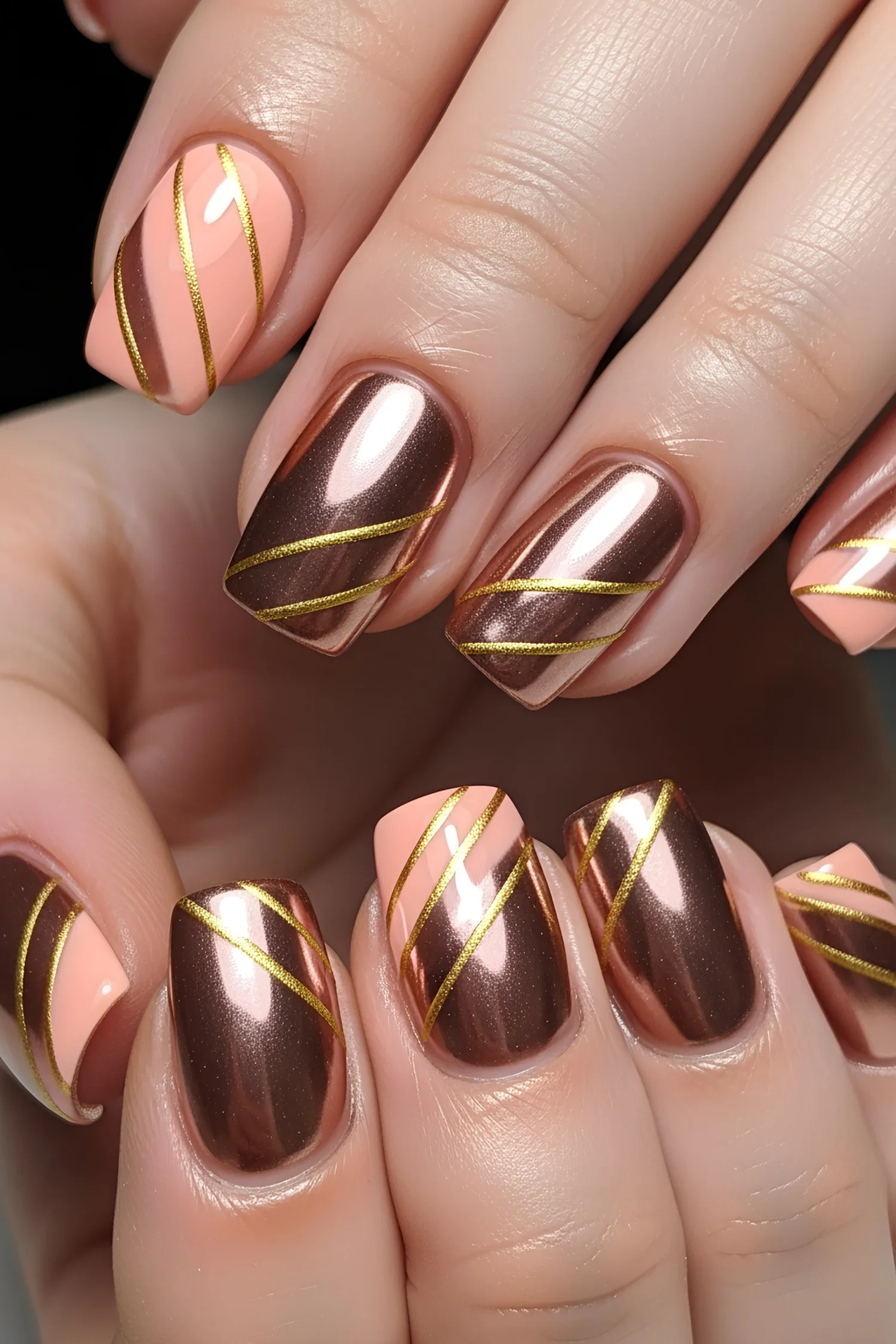 Peach and copper chrome nails with diagonal gold stripes