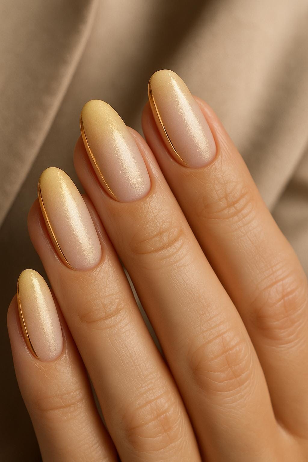 Shimmery pale yellow ombré nails with thin gold outlines