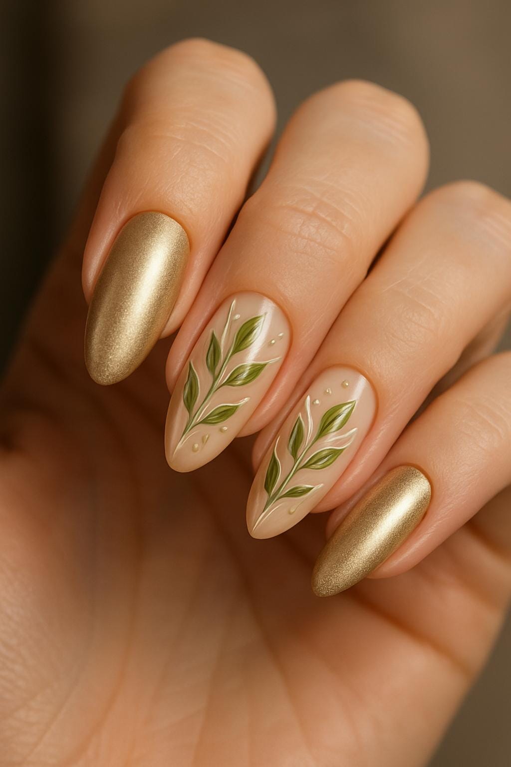 Almond nails with gold and leafy green botanical accents