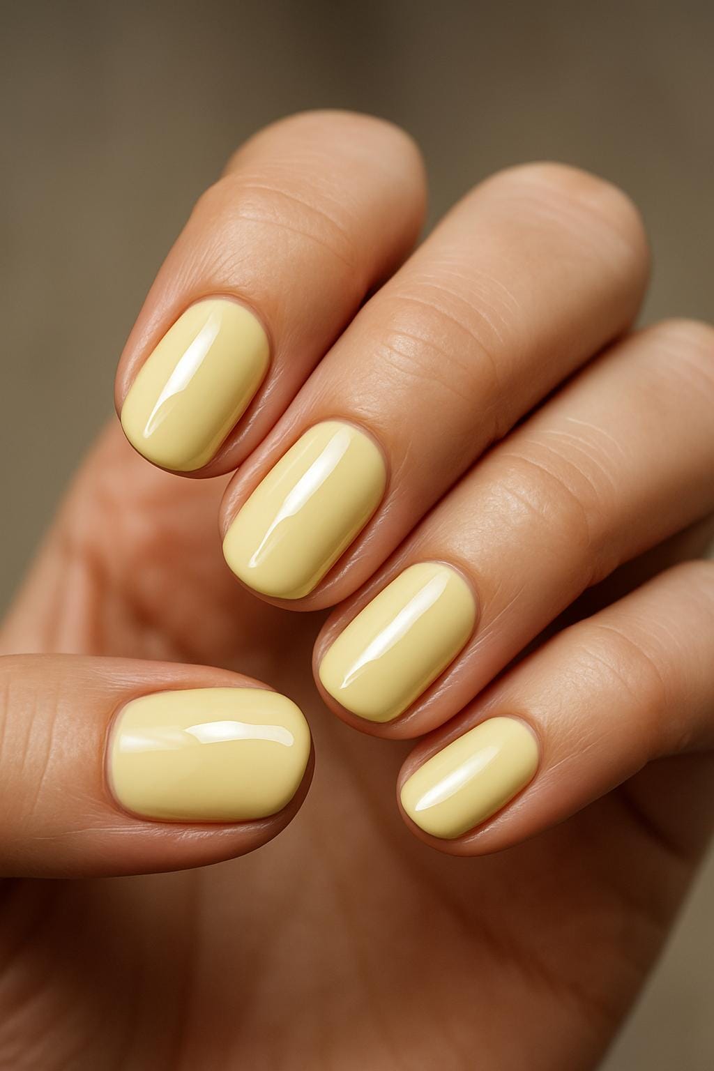 Creamy pale yellow nails with glossy shine