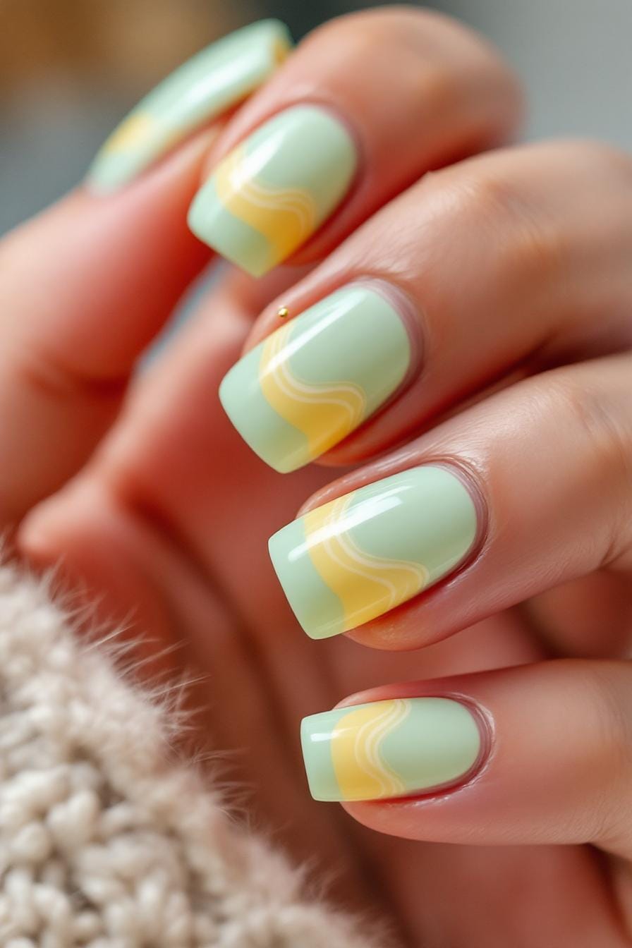 Pastel green square nails with wavy yellow tips