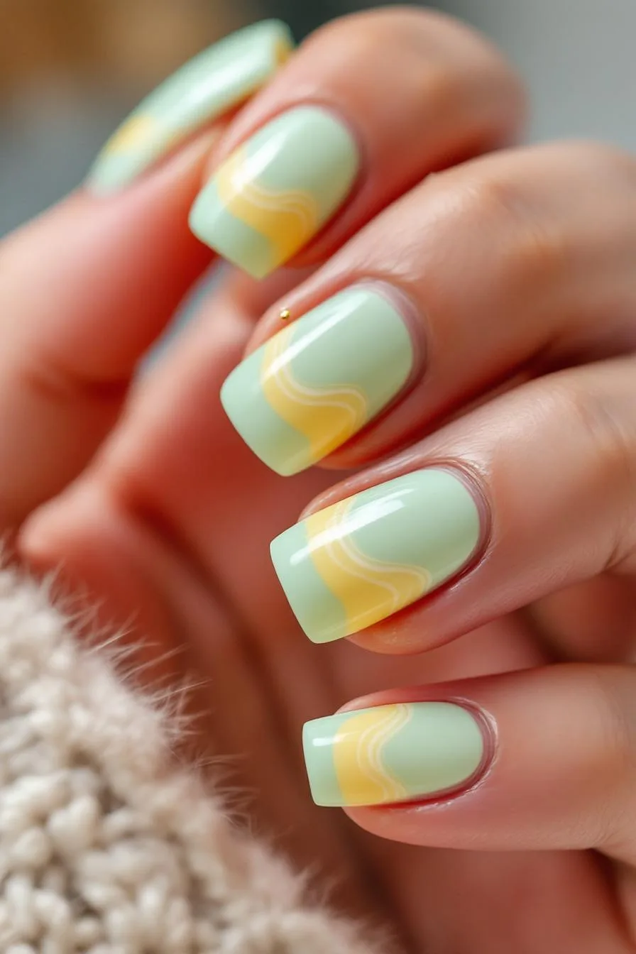 Pastel green square nails with wavy yellow tips