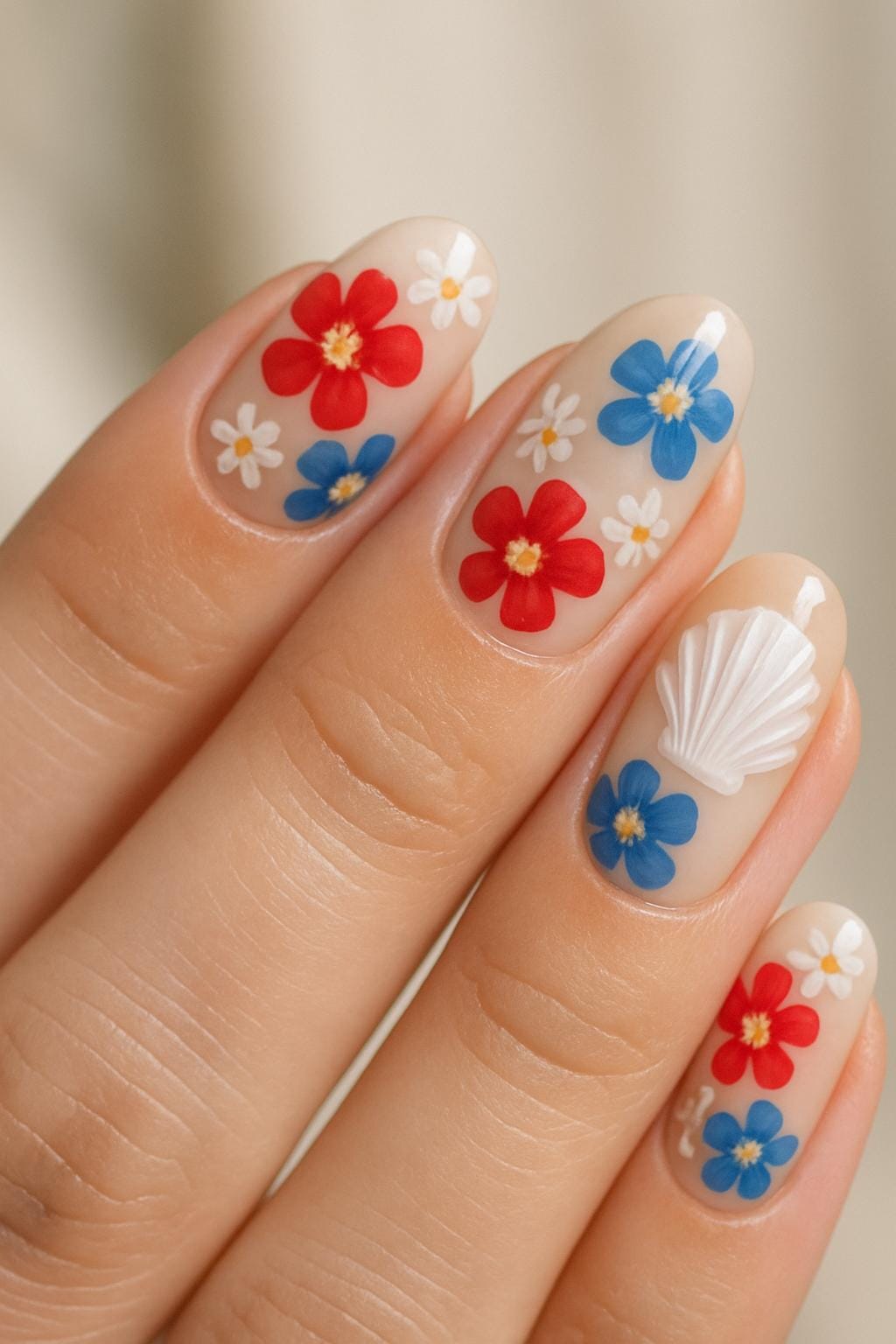 Bold red and blue flowers with a white shell accent on nude nails