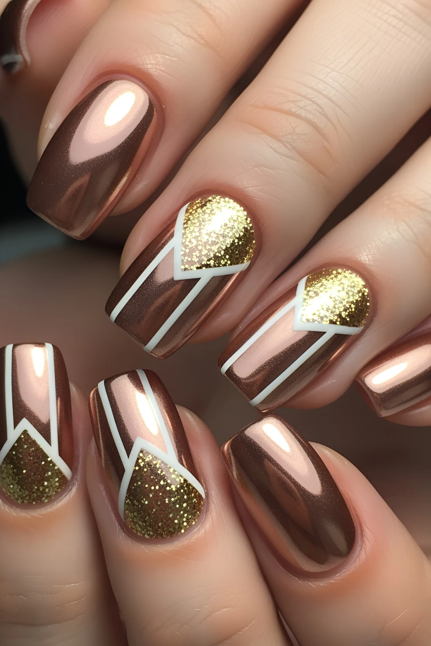 Brown chrome nails with gold glitter V-tips and white geometric borders