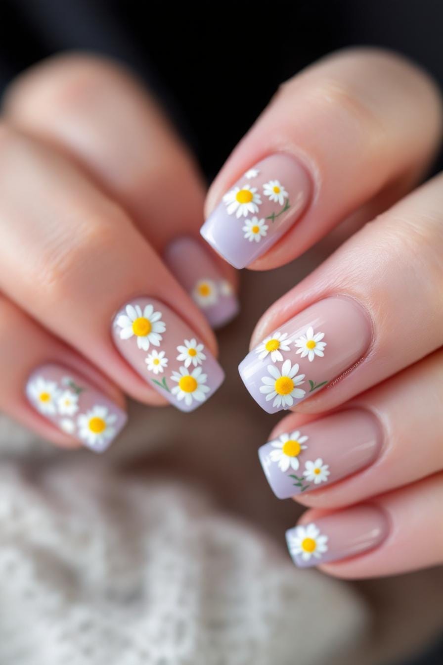Pastel purple nails with cute white daisy flowers