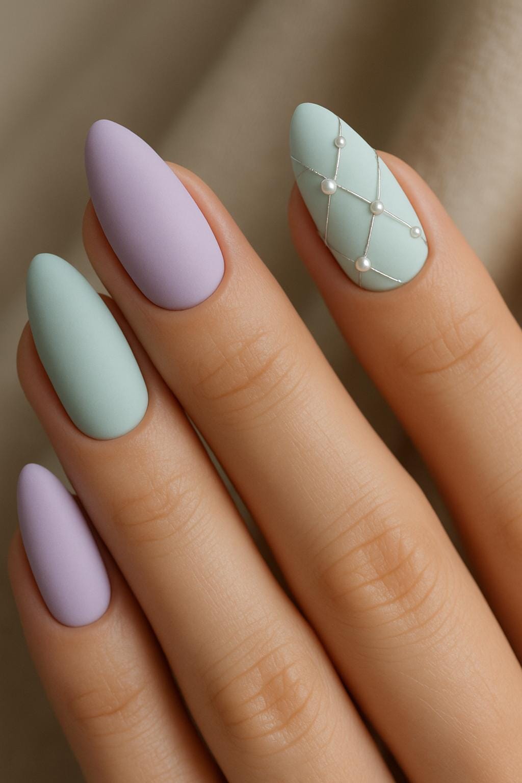 Matte pastel almond nails with quilted pearl accent