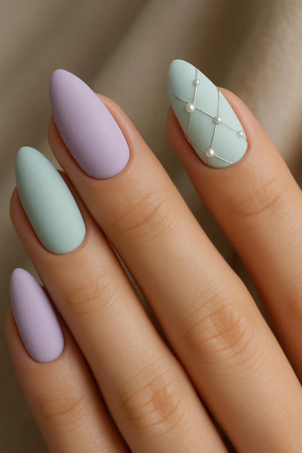 Matte pastel almond nails with quilted pearl accent