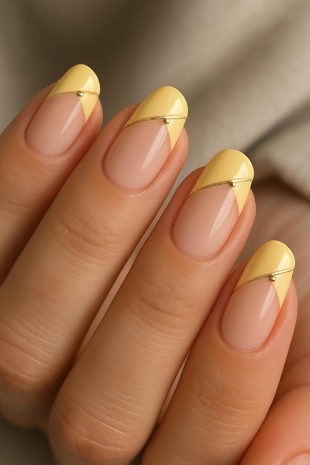 Pale yellow diagonal tips with gold stripe and bead on nude nails