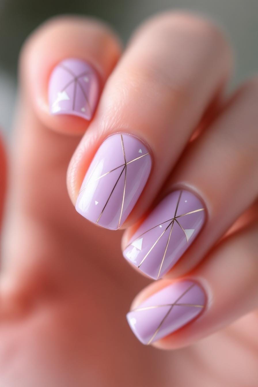 Lavender nails with gold geometric lines and little white triangles