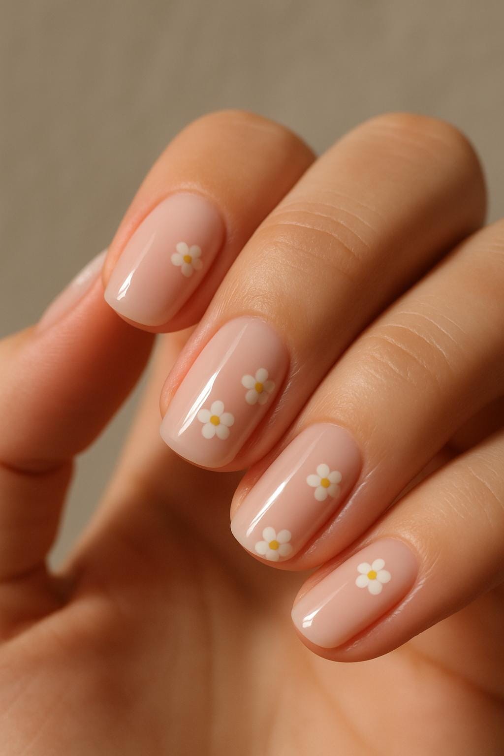 Soft nude nails with tiny white daisies