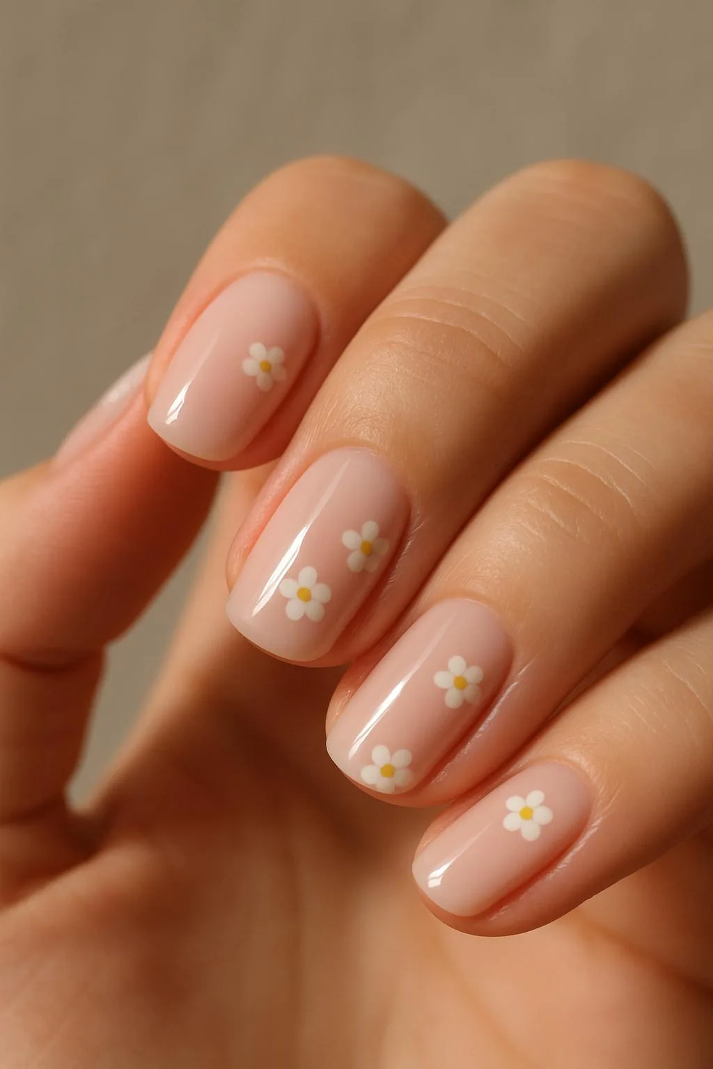 Soft nude nails with tiny white daisies