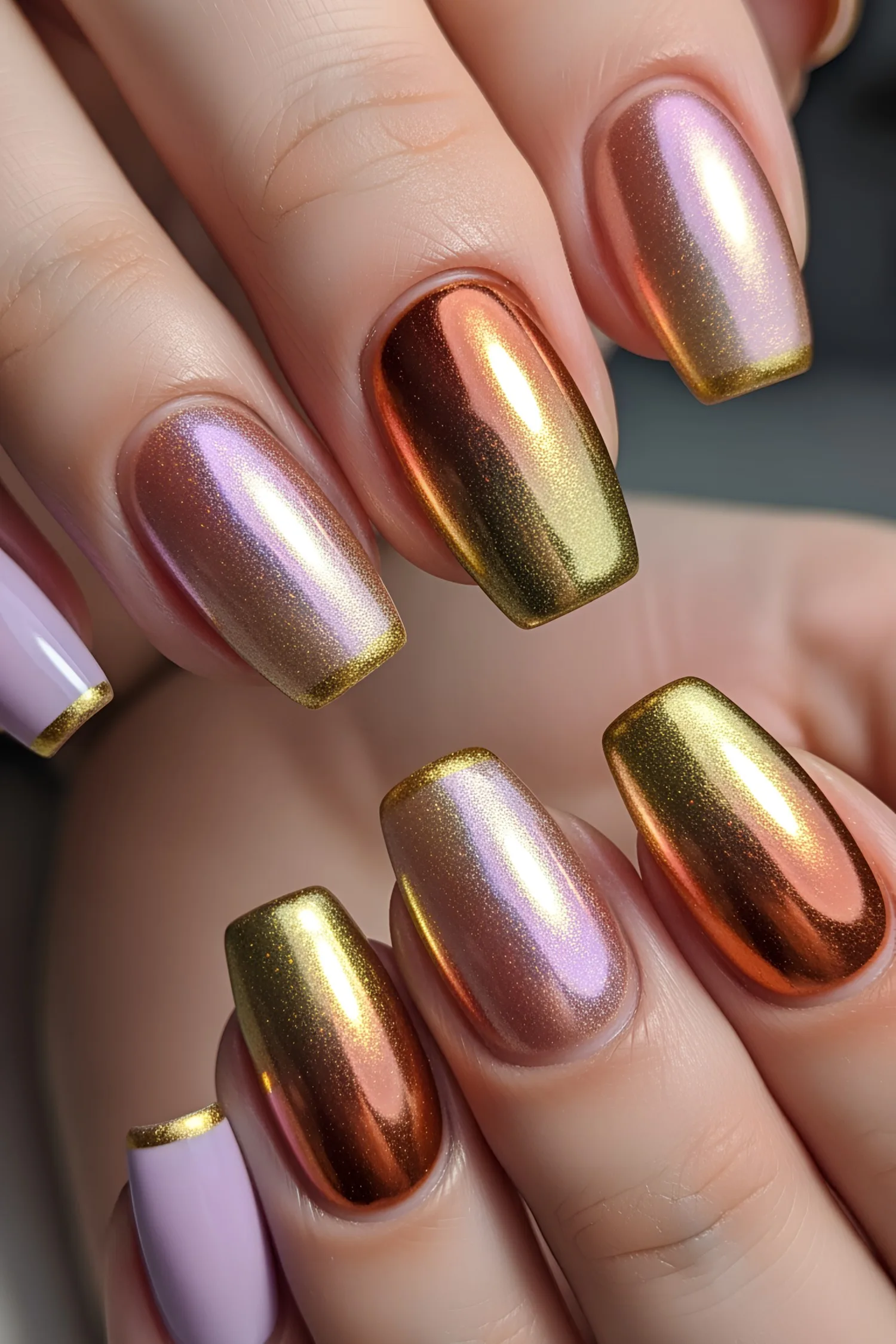 Shiny ombre chrome nails with gold accents and iridescent sunset colors