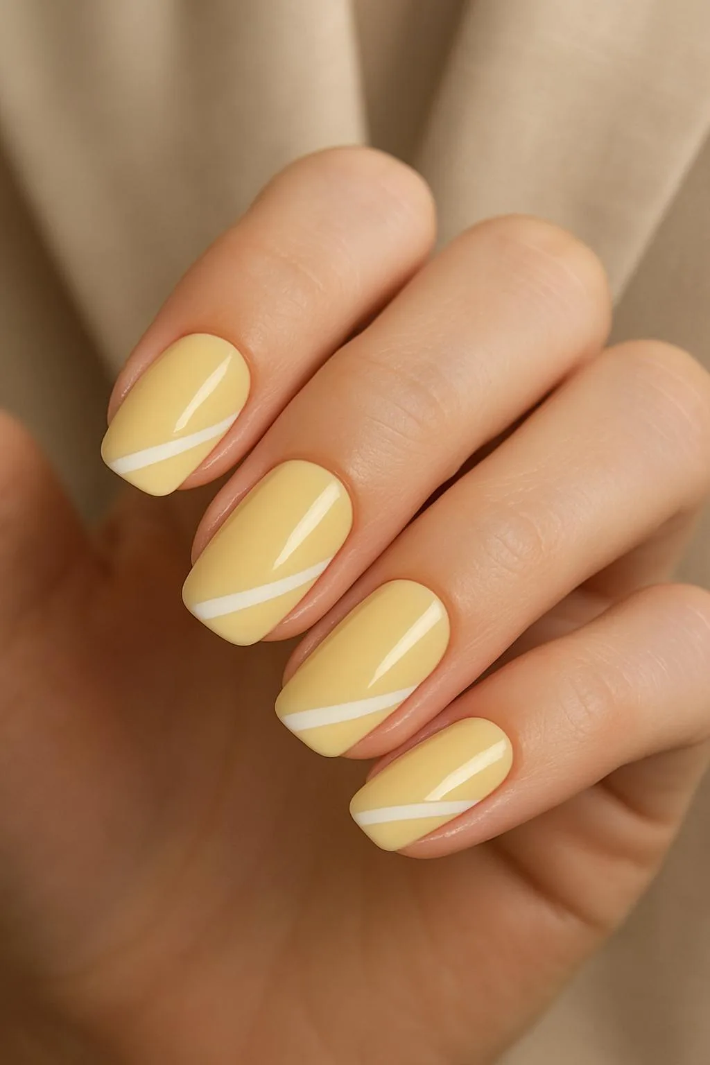 Buttery yellow nails with straight white diagonal stripes