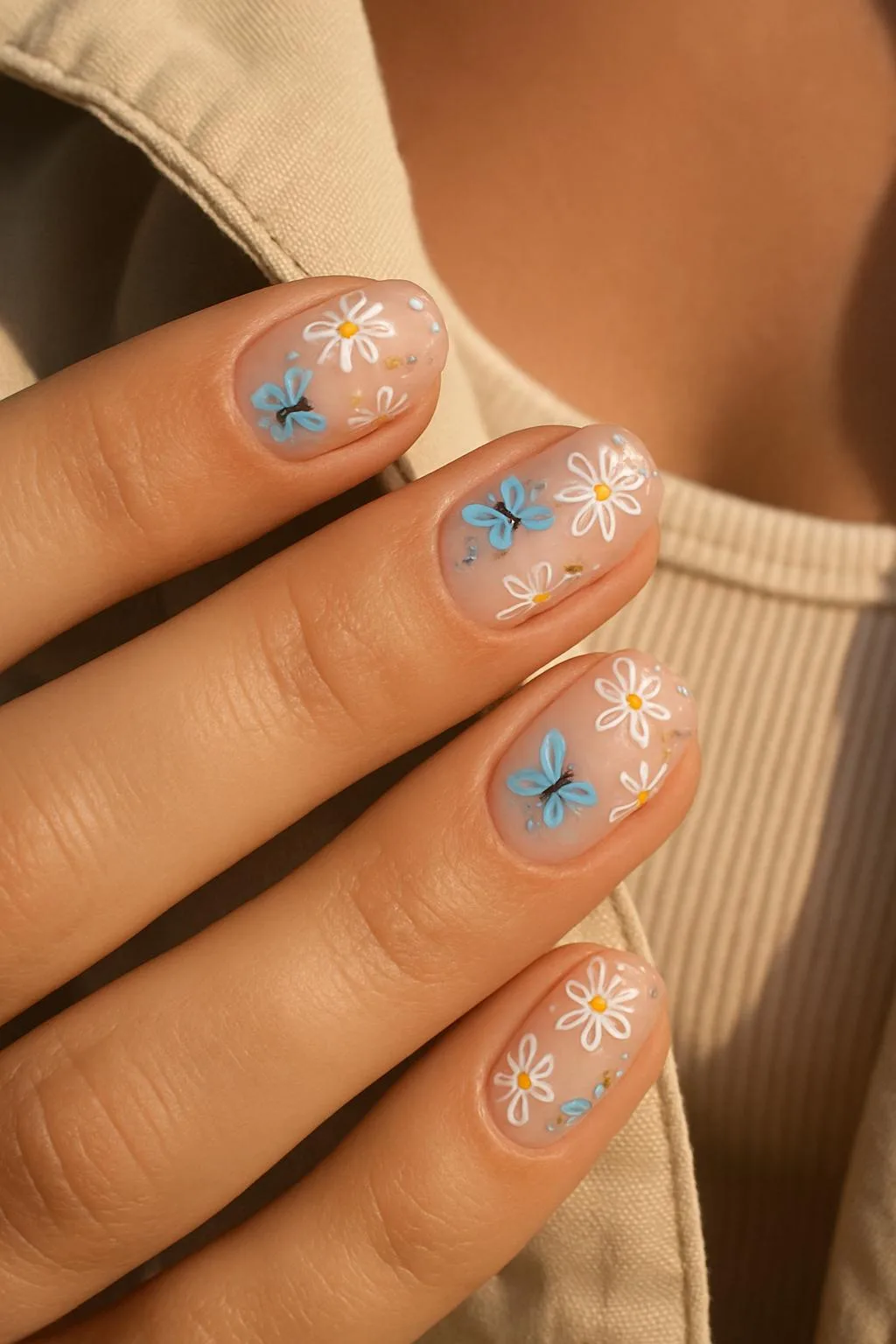 Blue butterflies and white daisy nail art