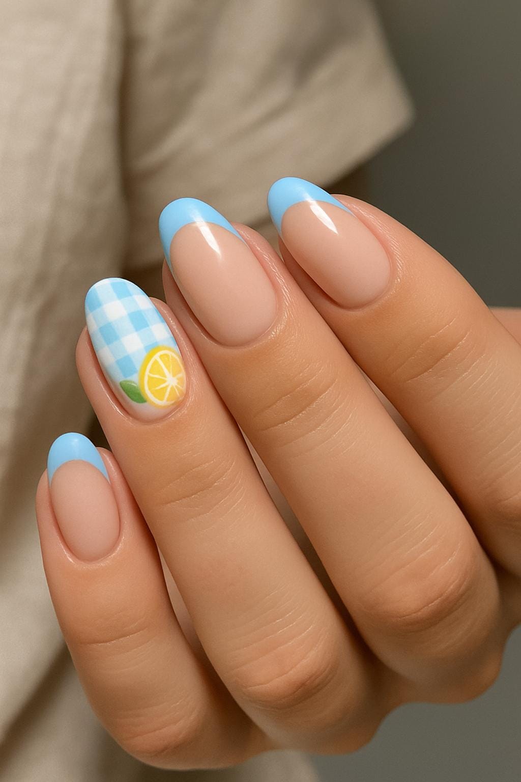 Blue French tips with lemon and gingham accent