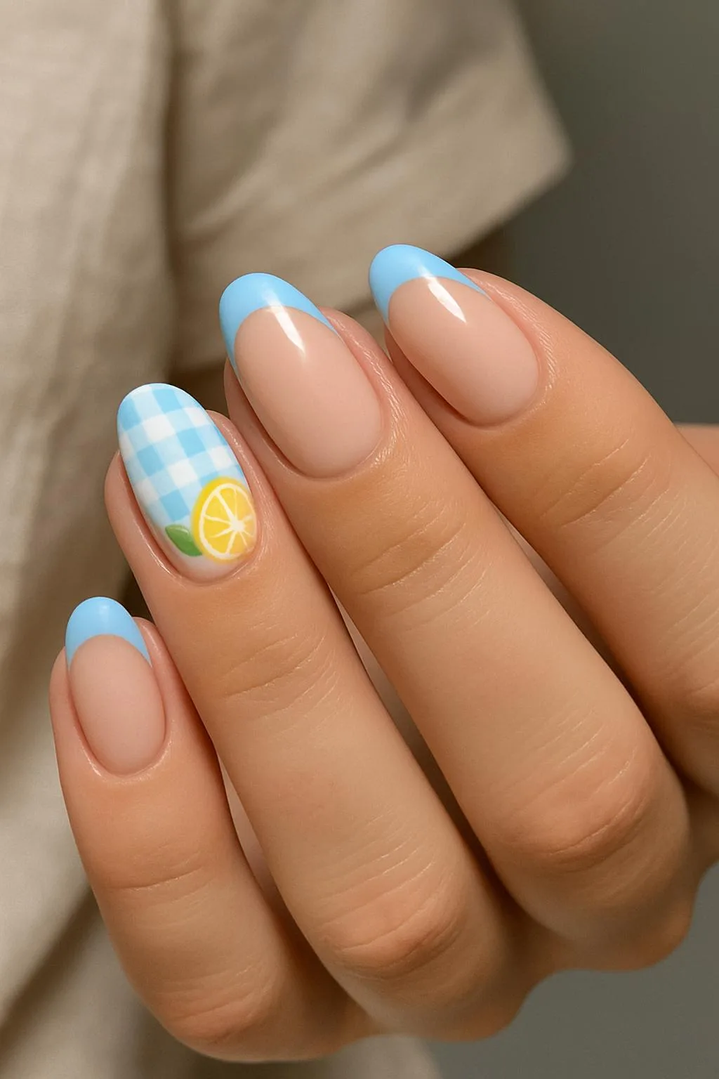 Blue French tips with lemon and gingham accent