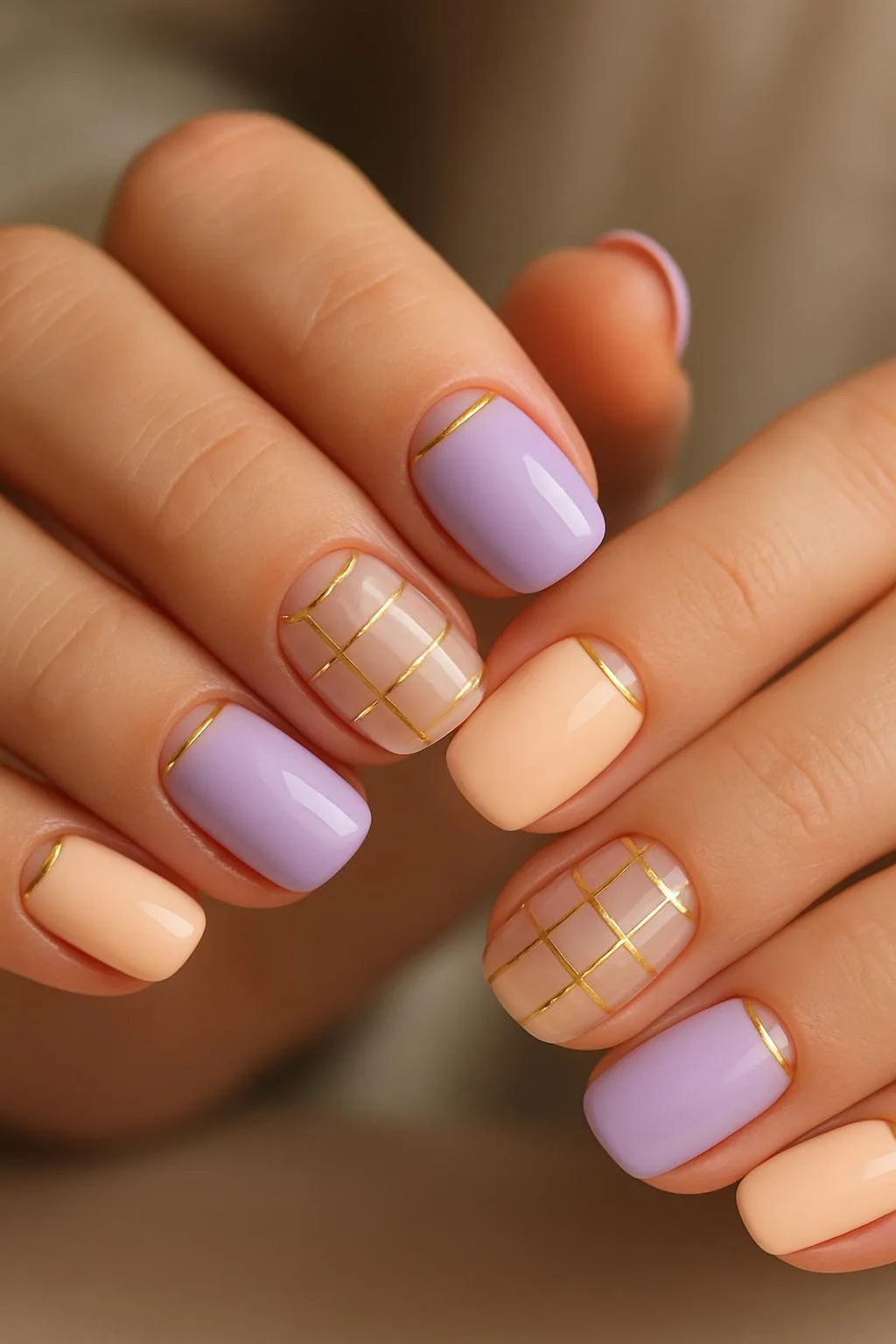 Pastel nails with gold grid and line accents