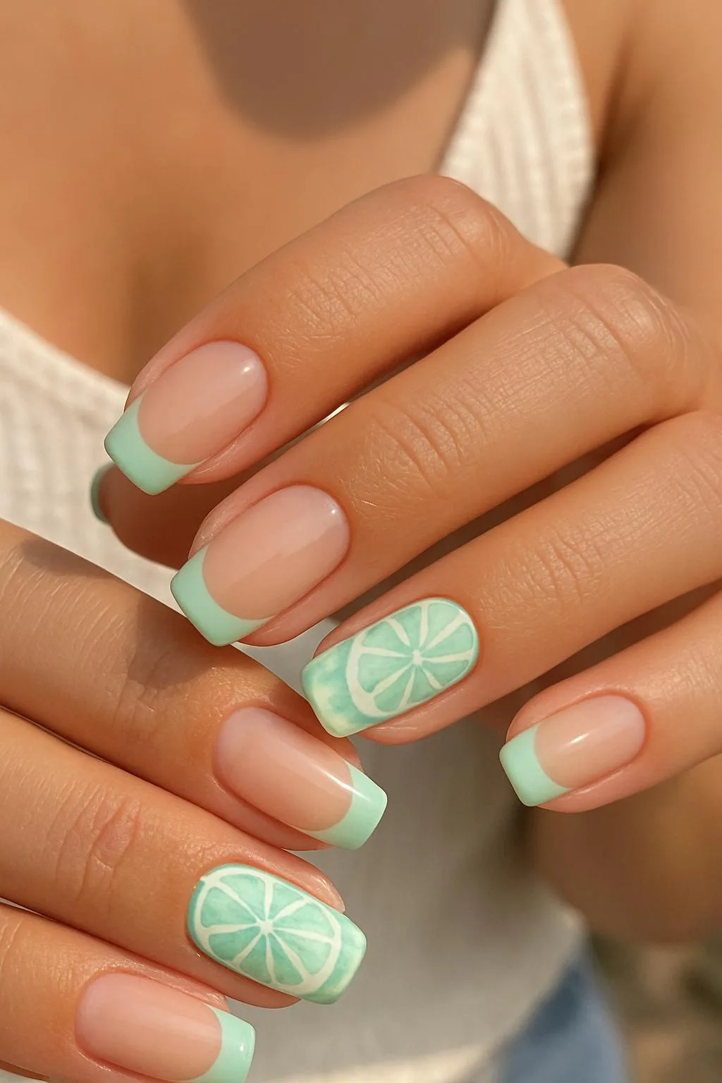 Mint French tip nails with lime slice art