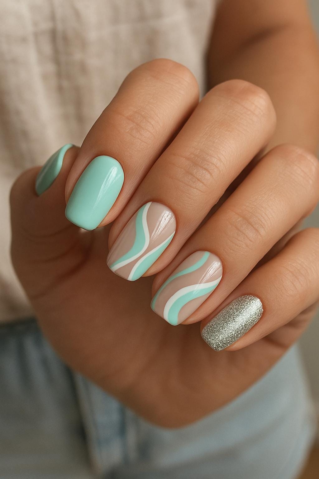 Mint green and silver nail design with wavy accents